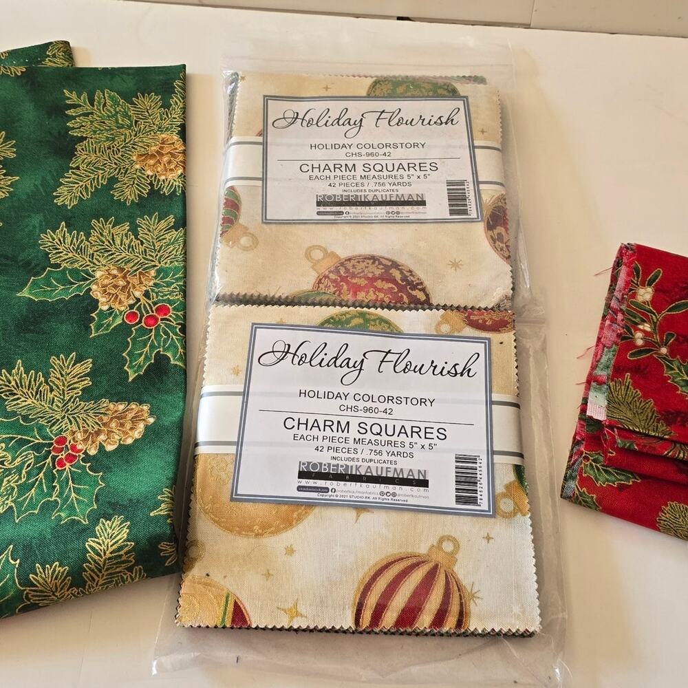 Robert Kaufman Holiday Flourish Charm Squares 5" TWO (2) plus Christmas Fabric